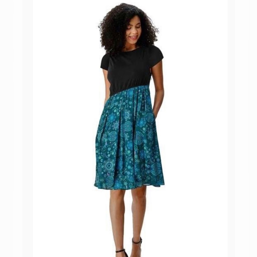 eShakti Asymmetrical Waist Cotton Dress Women Sz M 10 Short Sleeve Floral Crepe